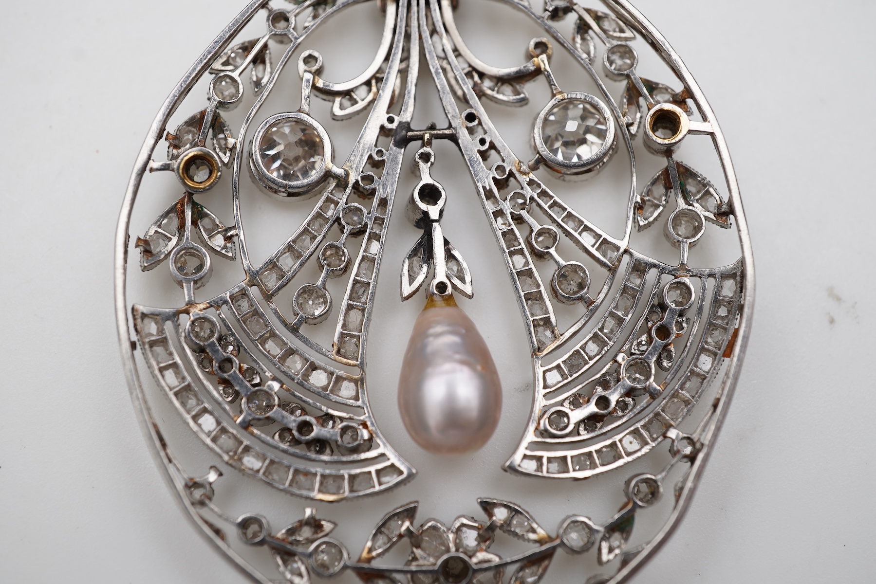 A fine Belle Epoque natural pearl and diamond pendant, circa 1910